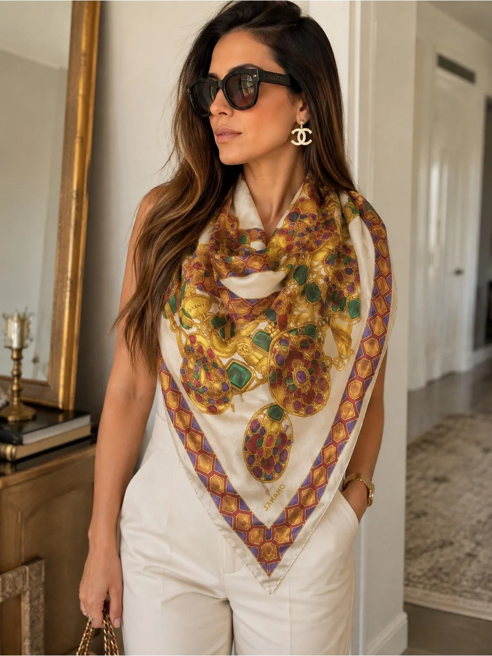 Chanel Chic Gold & Ivory Patterned Silk-Blend Scarf